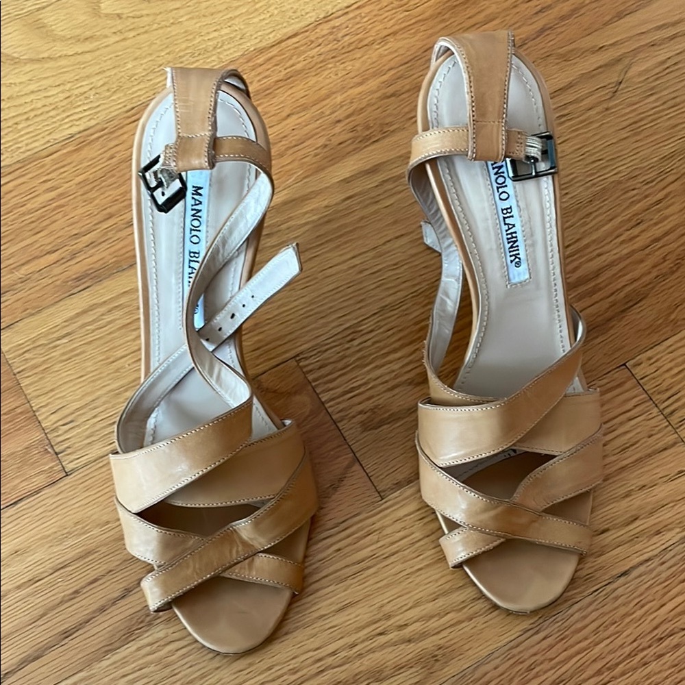 Manolo Blahnik Tan Heeled Sandals with Strappy Design